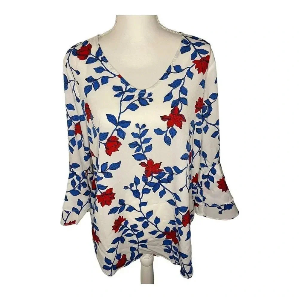 Liz Claiborne Career Women’s Large White Floral V-Neck Ruffle Sleeve Top